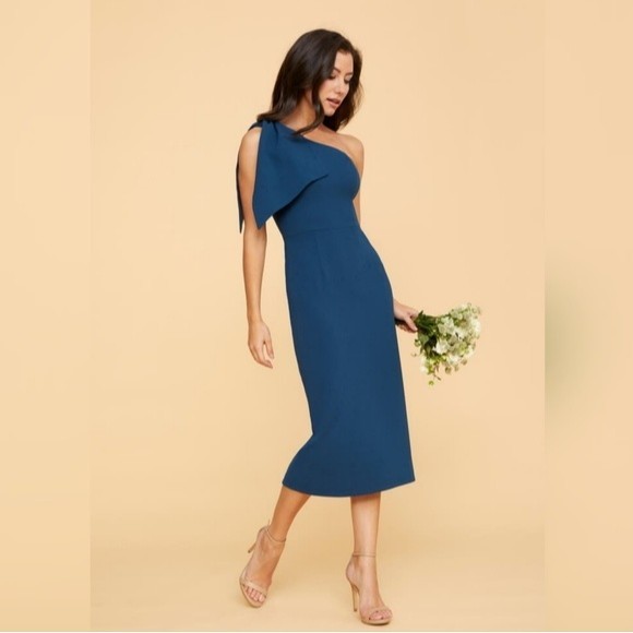 Dress the Population Tiffany One Shoulder Midi Sheath Dress Peacock Blue XXS NWT - Picture 3 of 9